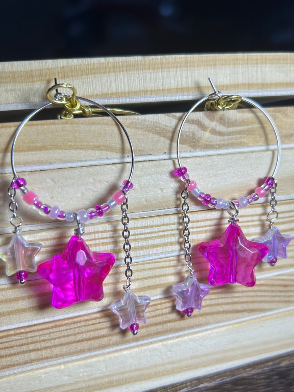 3/$25 Pink Star Hoop Dangle Earrings with Bead Accents